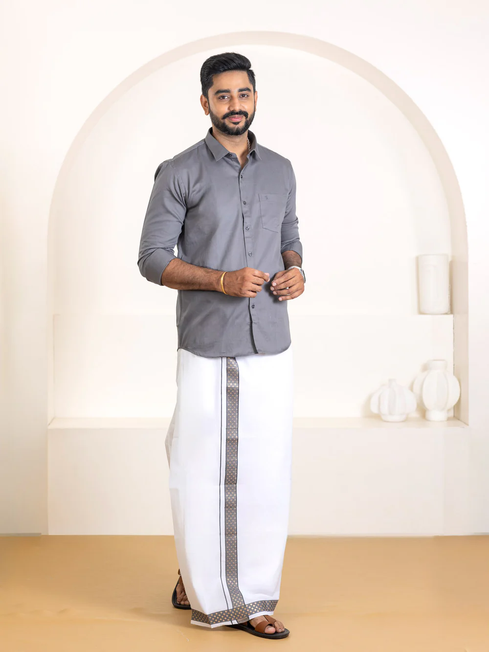 Men 100% Cotton Shuttle Grey Shirt and Fancy Border Dhoti Set BT6